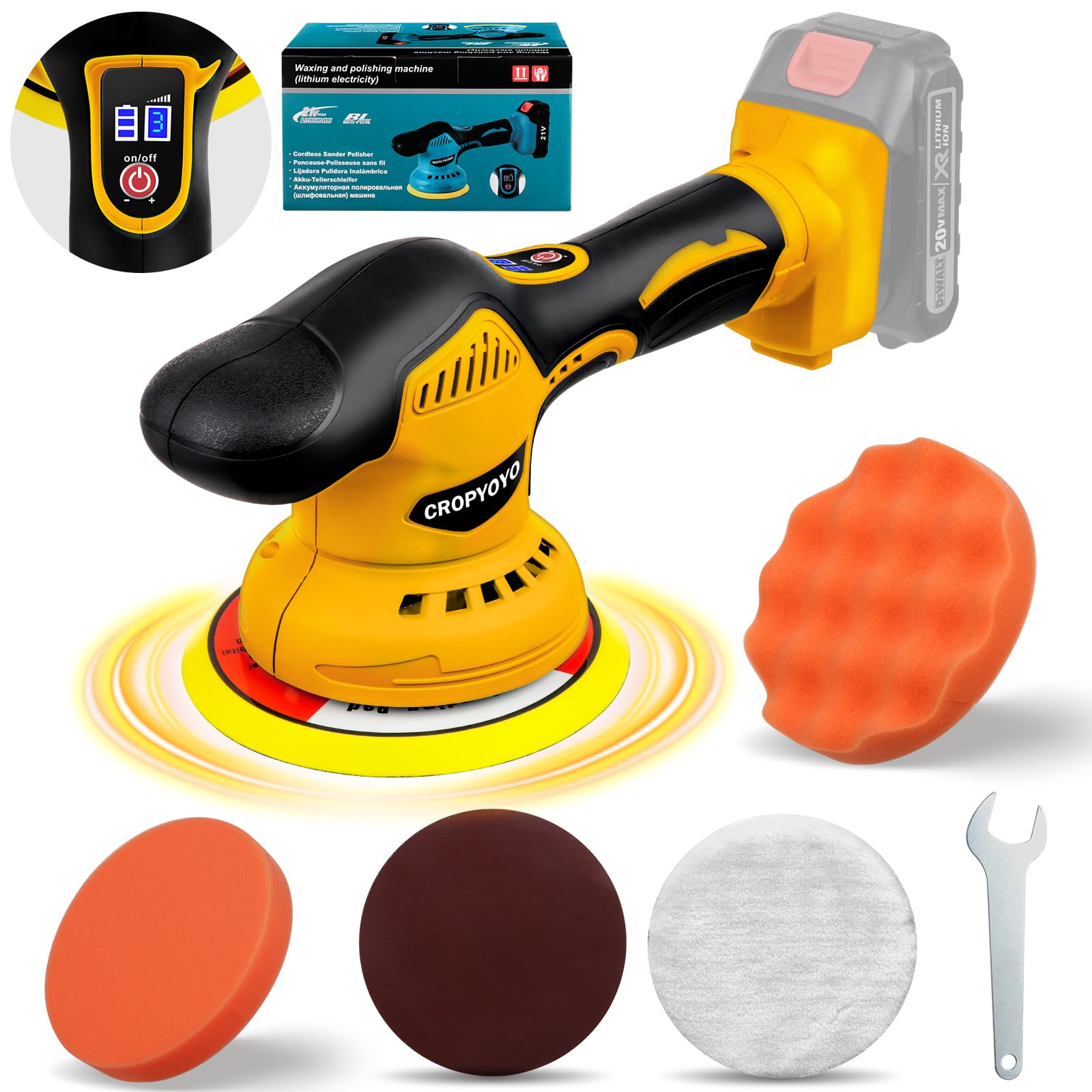 Cropyoyo cordless car buffer polisher in use on a glossy car finish for detailing.