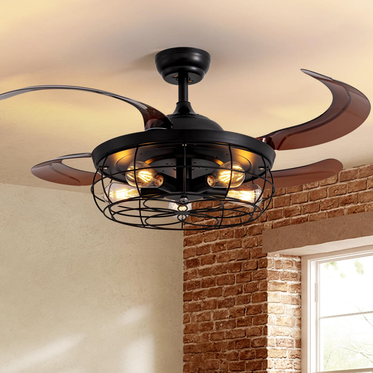 CROSSIO 48in retractable ceiling fan with light and remote in a living room for efficient airflow.