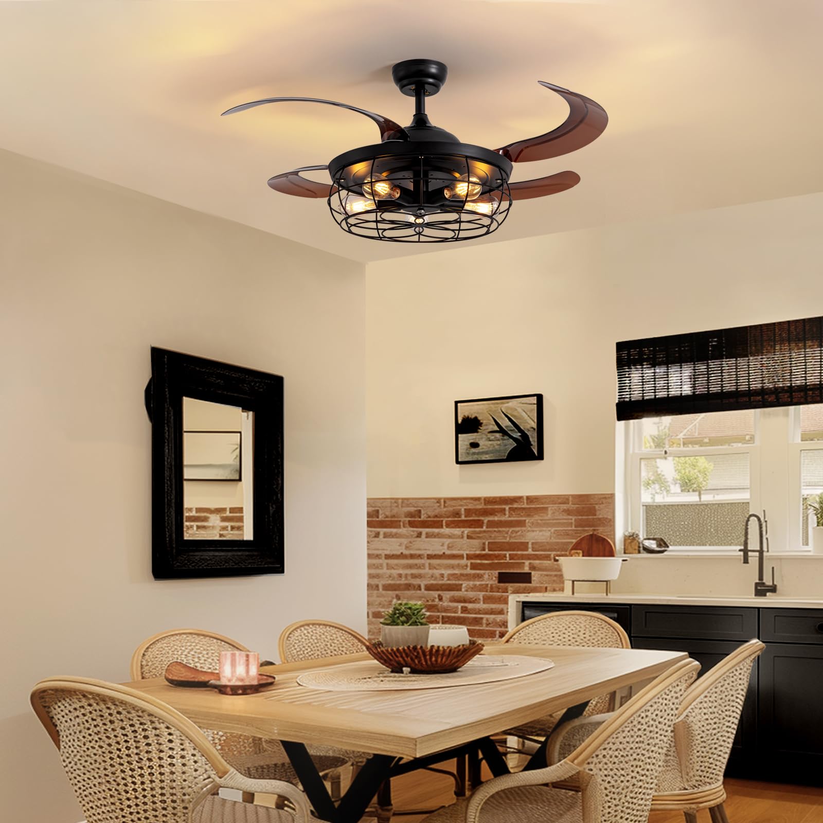 CROSSIO black retractable blades creating a sleek, space-saving dining area.