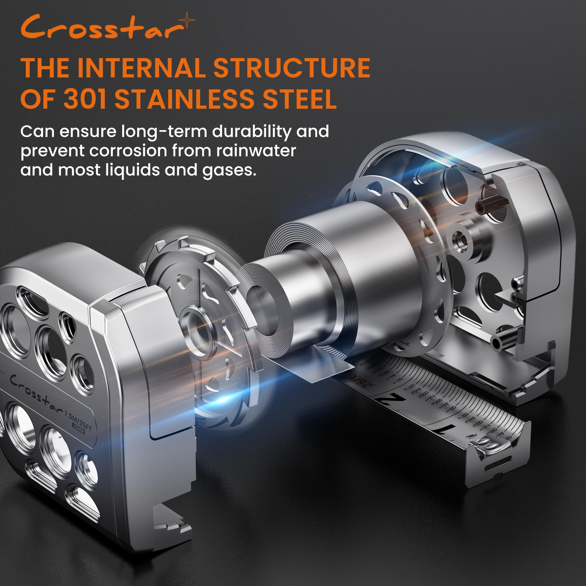 Crosstar magnetic base holds on metal surfaces for hands-free measuring.