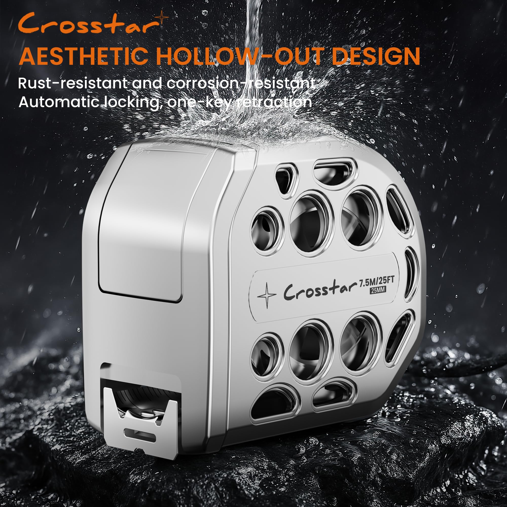 Crosstar auto-lock feature keeps the tape secure for safe one-handed measurement.
