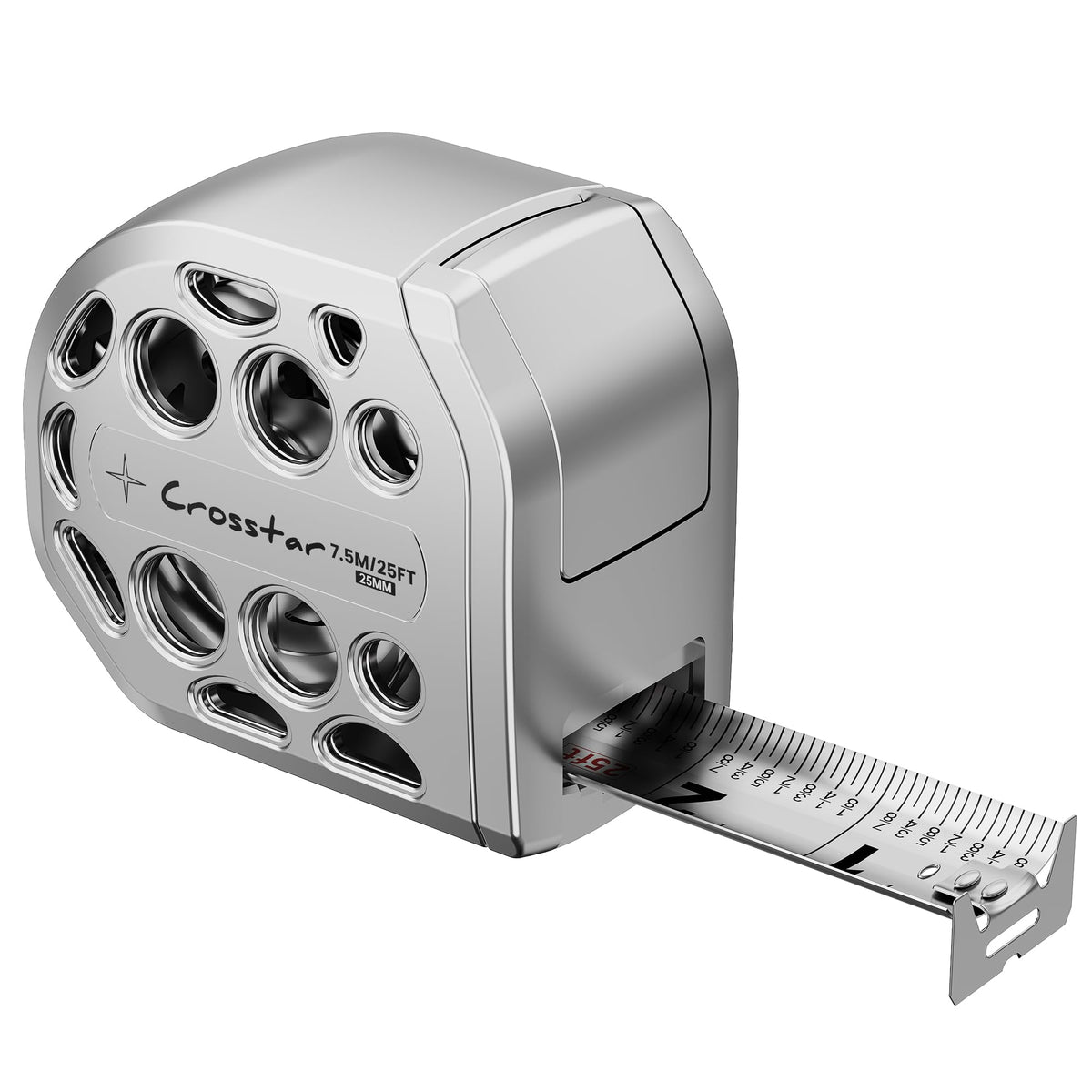 Crosstar 25FT magnetic tape measure front dual-scale displays quick imperial and metric readings.