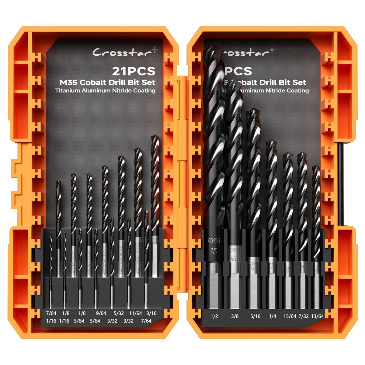 Crosstar M35 cobalt drill bits set for hardened metal drilling.