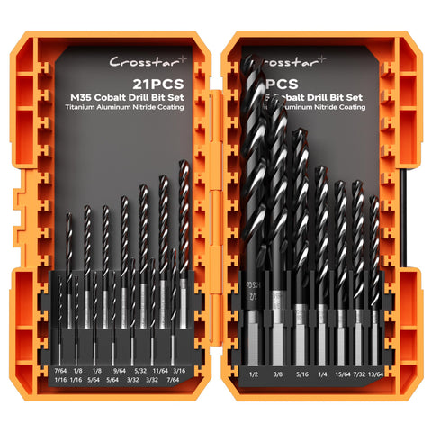 Crosstar M35 cobalt drill bits set for hardened metal drilling.