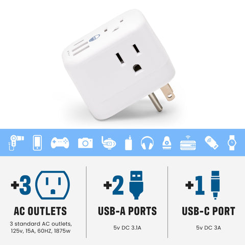Cruise On six-outlet power strip accommodates multiple devices.