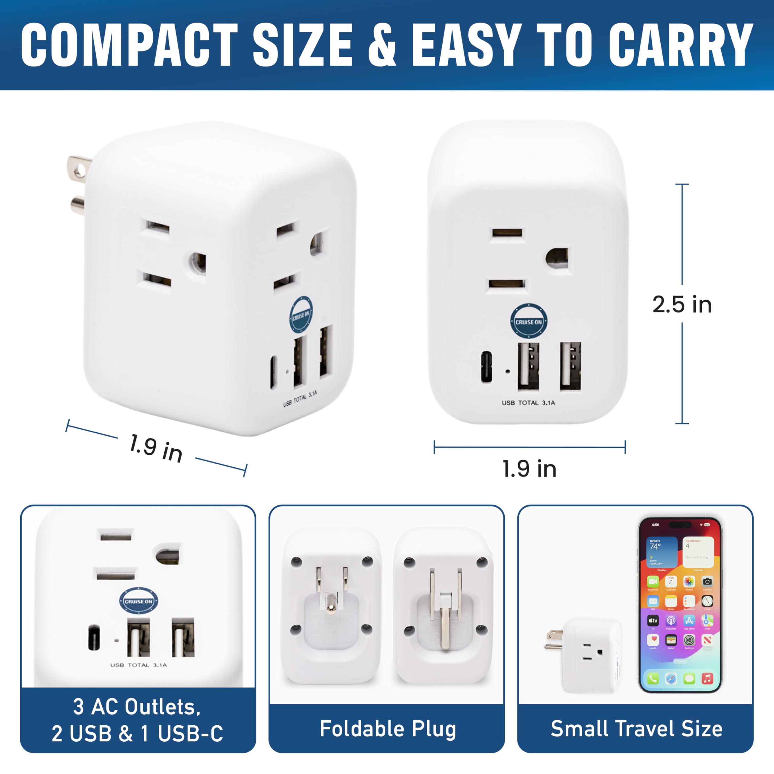 Cruise On power strip with three AC outlets and USB ports for devices.