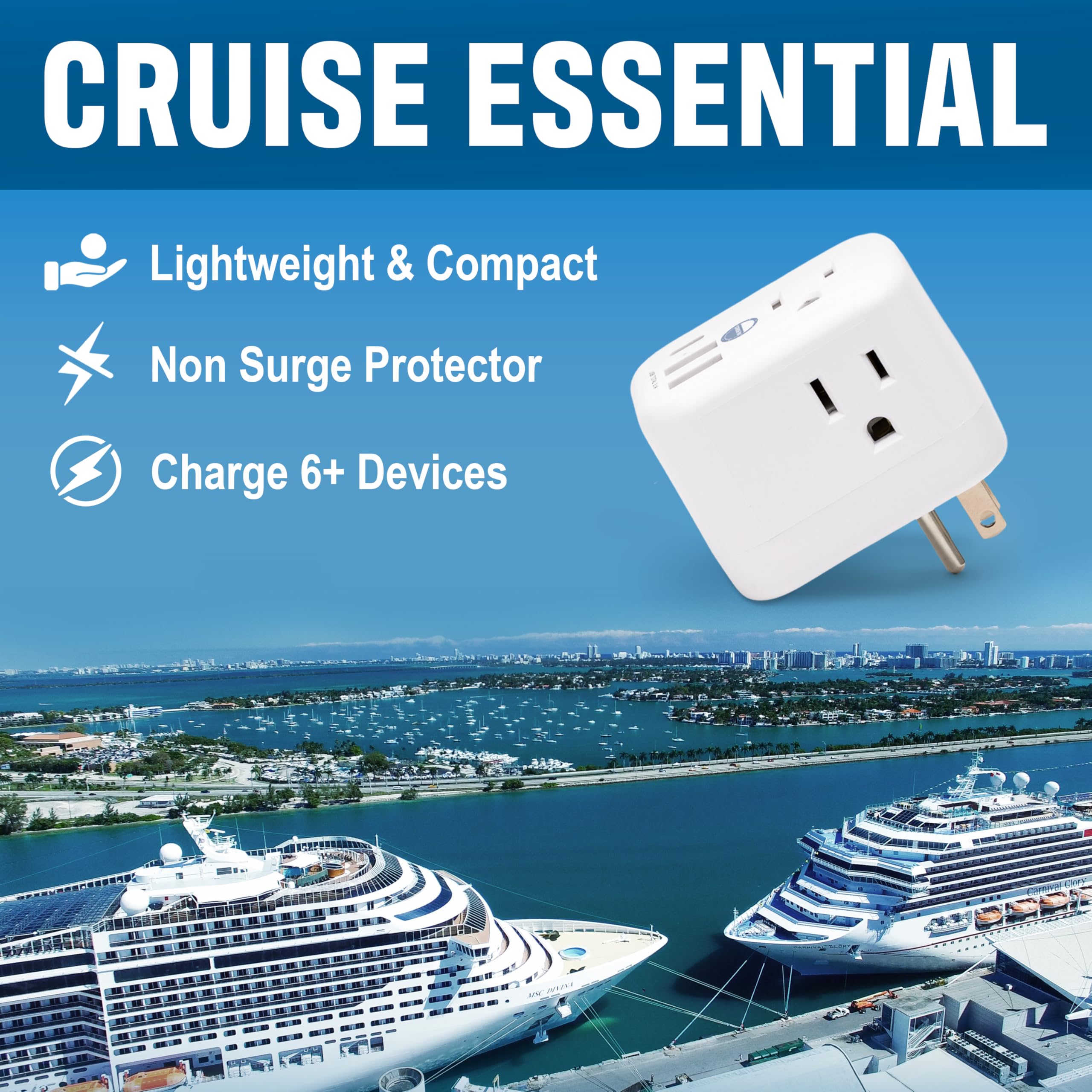 Cruise On travel-size power strip with USB outlet for easy charging.