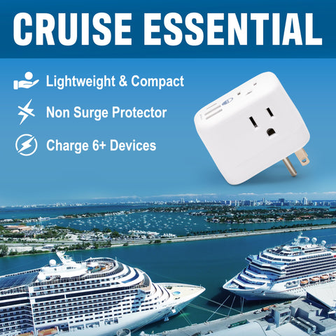 Cruise On travel-size power strip with USB outlet for easy charging.