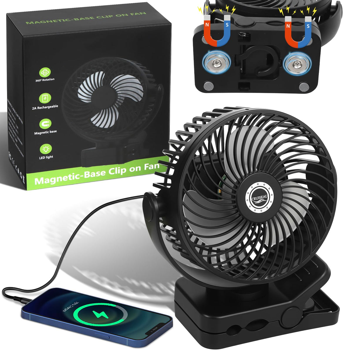 CruiSeaU 6-inch magnetic base secures cooling to metal surfaces for steady airflow.