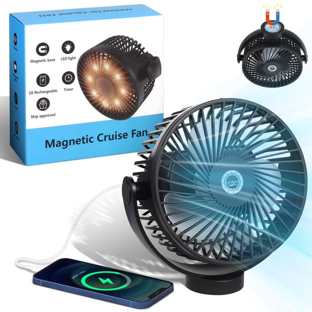 CruiSeaU magnetic base attachment secures the fan on cabin walls for space-saving cooling.