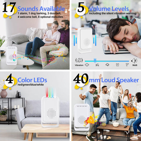 Cruxer Motion Sensor Alarm receiver-chime demonstrates adjustable tones for clear notifications.