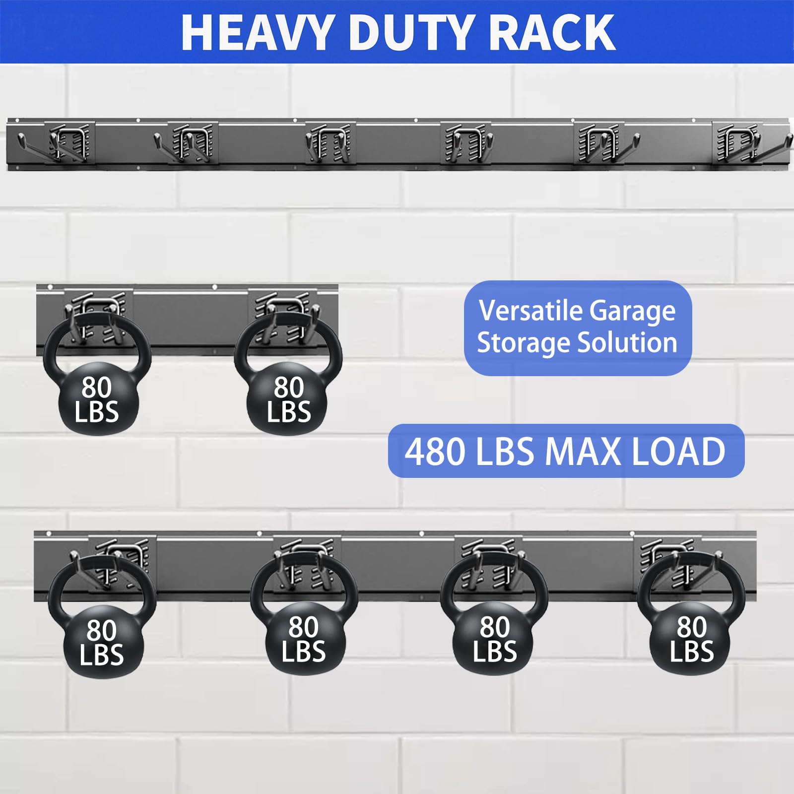 CRXCRC 48inch steel track system shown with multiple hooks for garden tools.