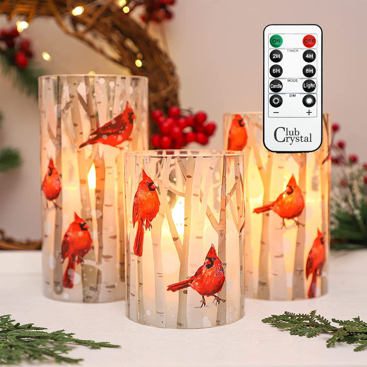 Crystal Club cardinal glass flameless candle with lifelike glow for festive ambiance