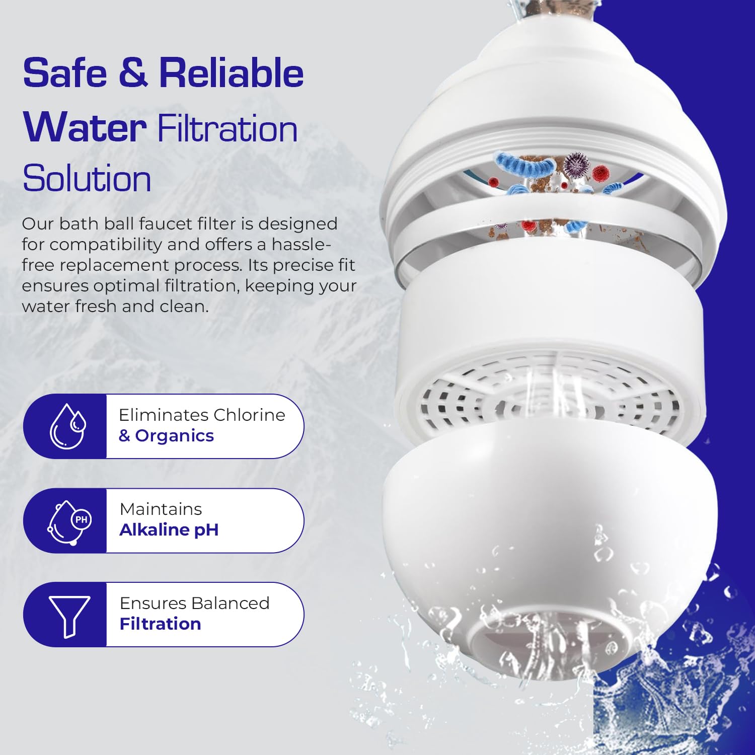 Crystal Quest bath ball replacement box presentation, eco-friendly design supports BPA-free filtration.