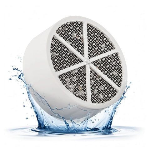 Crystal Quest bath ball replacement front view, compact cartridge filters chlorine for smoother skin.
