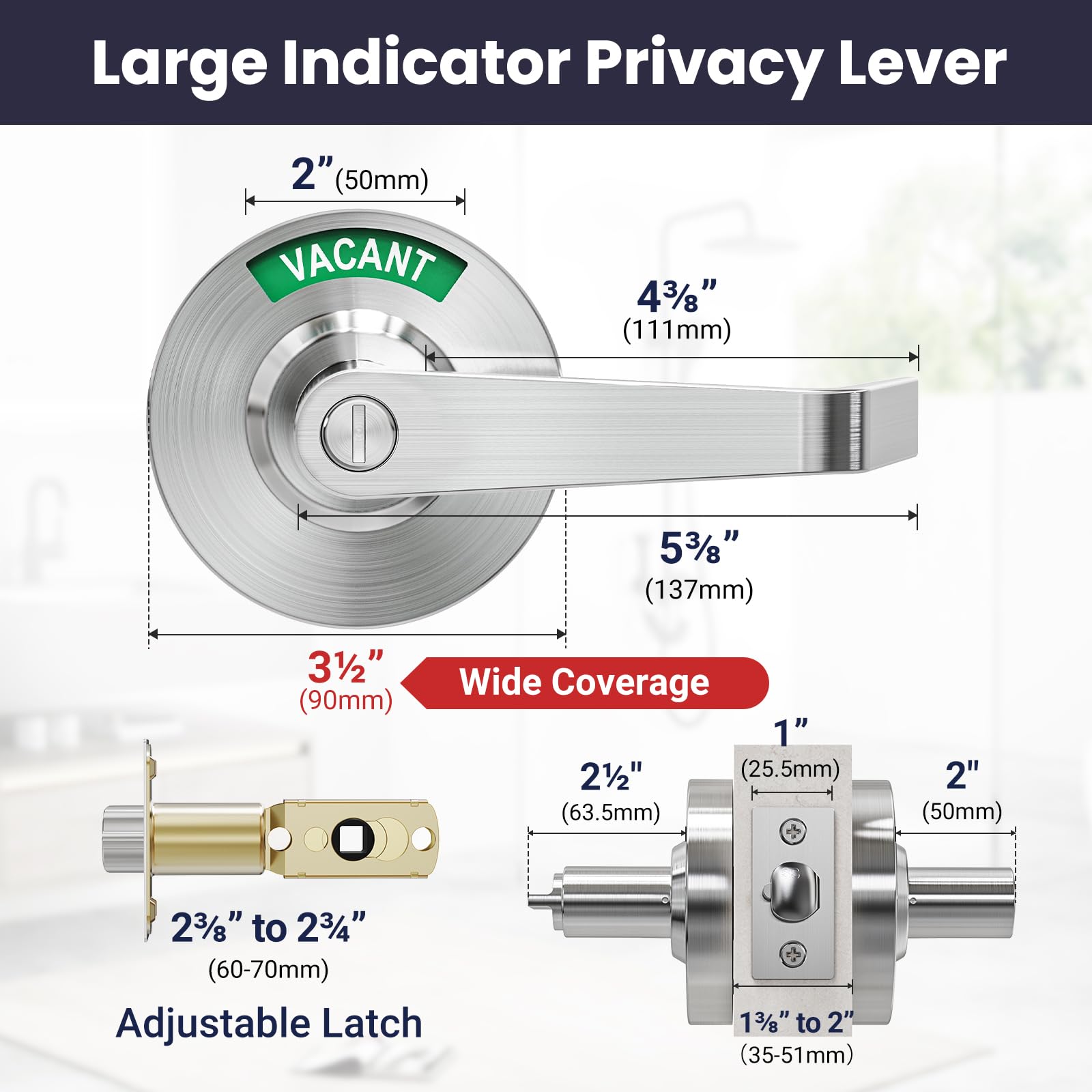 Crystmetal door handle showing red occupied indicator for immediate privacy status.