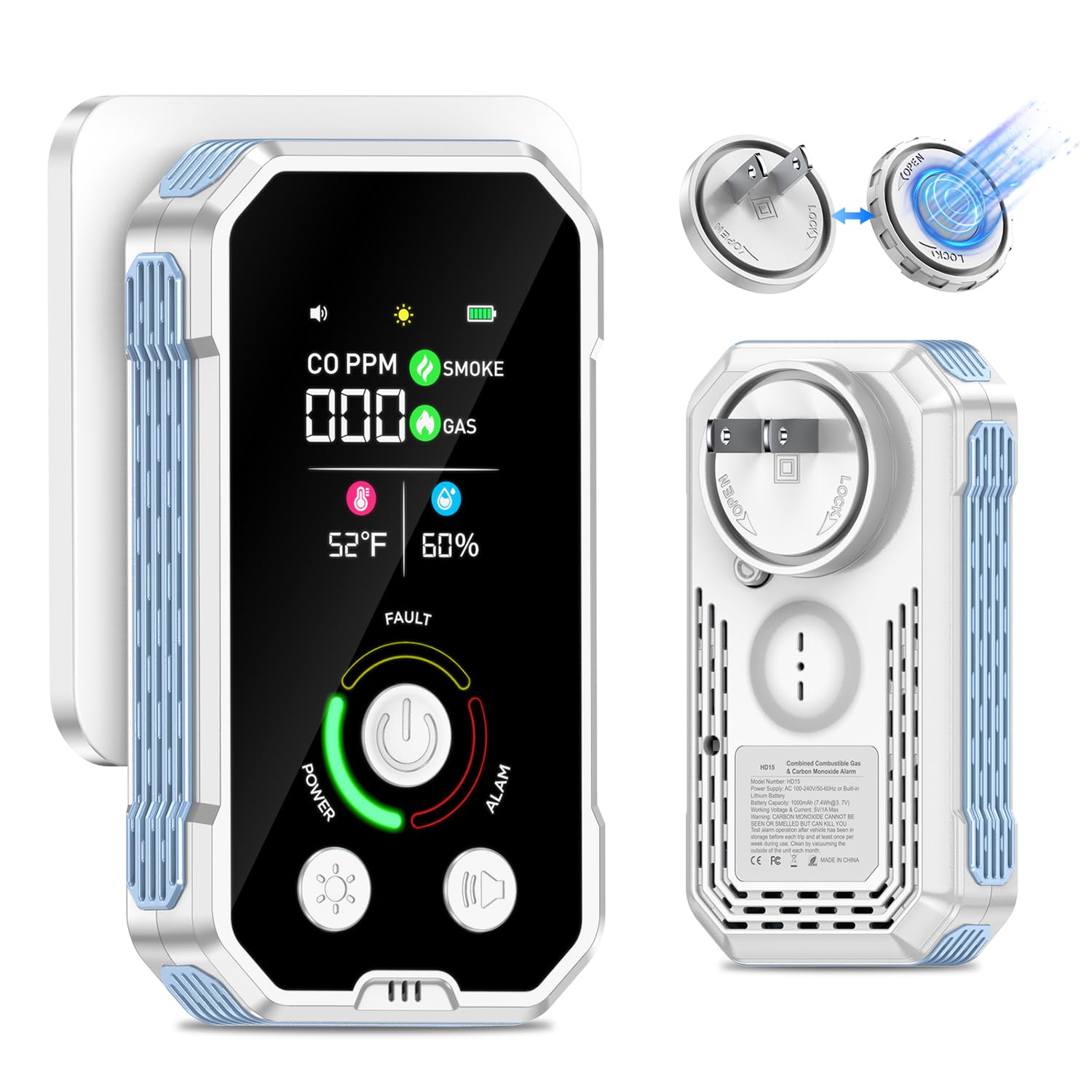 CSCL 5-in-1 CO detector plug-in with temperature and humidity display.