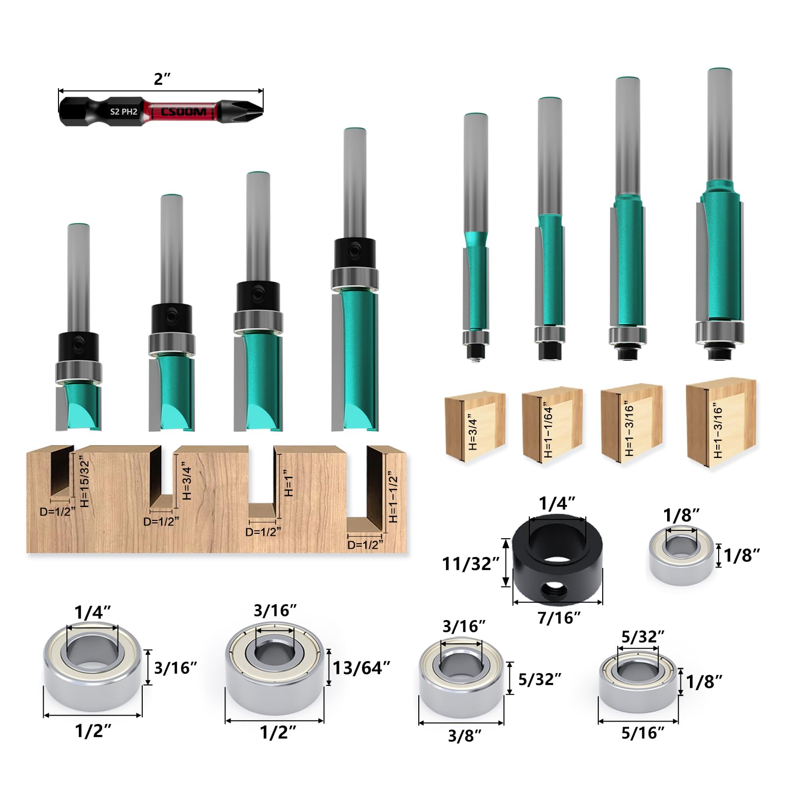 CSOOM flush trim bit with 1/4 shank delivering clean, consistent cuts on wood