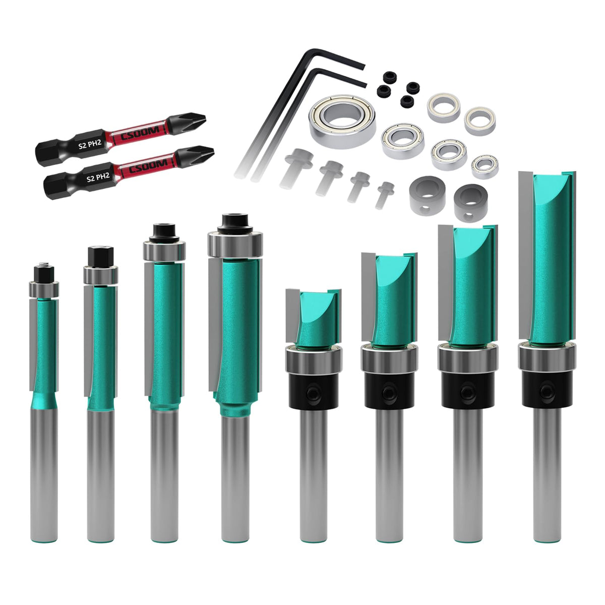 CSOOM 8-piece router bit set for precise edging and trimming workflows