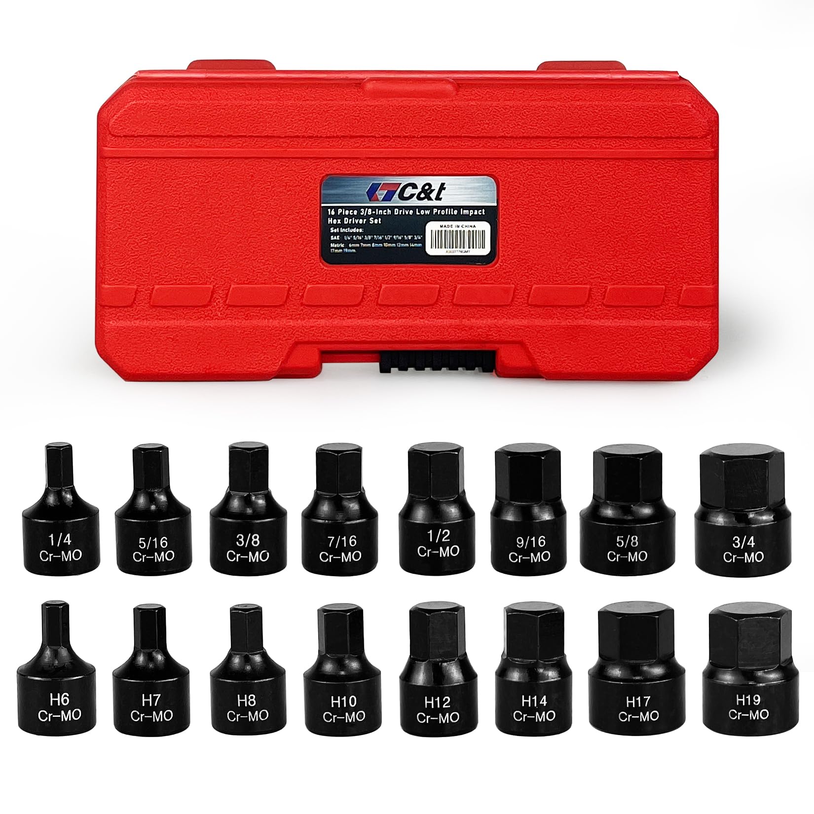 C&T 16-piece low-profile hex set case keeps bits organized for quick car maintenance.