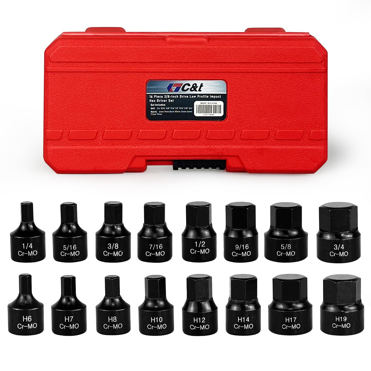 C&T 16-piece low-profile hex set case keeps bits organized for quick car maintenance.