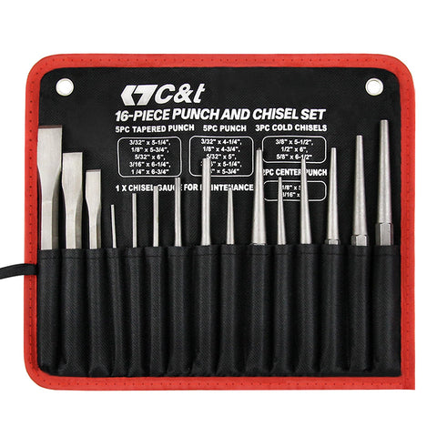 C&T 16-piece punch and chisel set with pouch for organized storage and quick access.