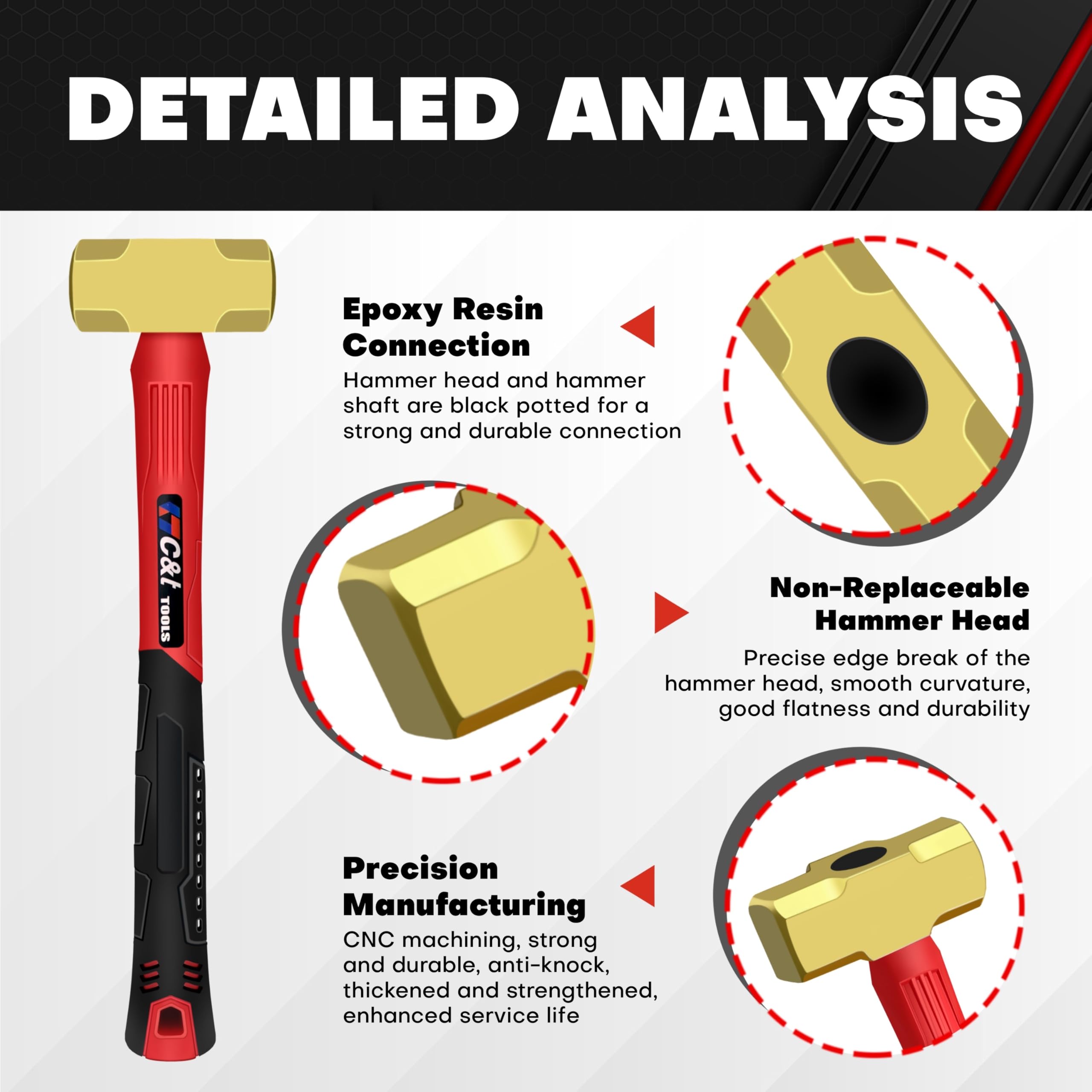 CT Brass Sledge Hammer fiberglass handle provides secure grip and reduced fatigue.