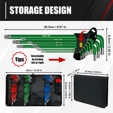 Torx wrenches T10–T50 for versatile fastener compatibility.