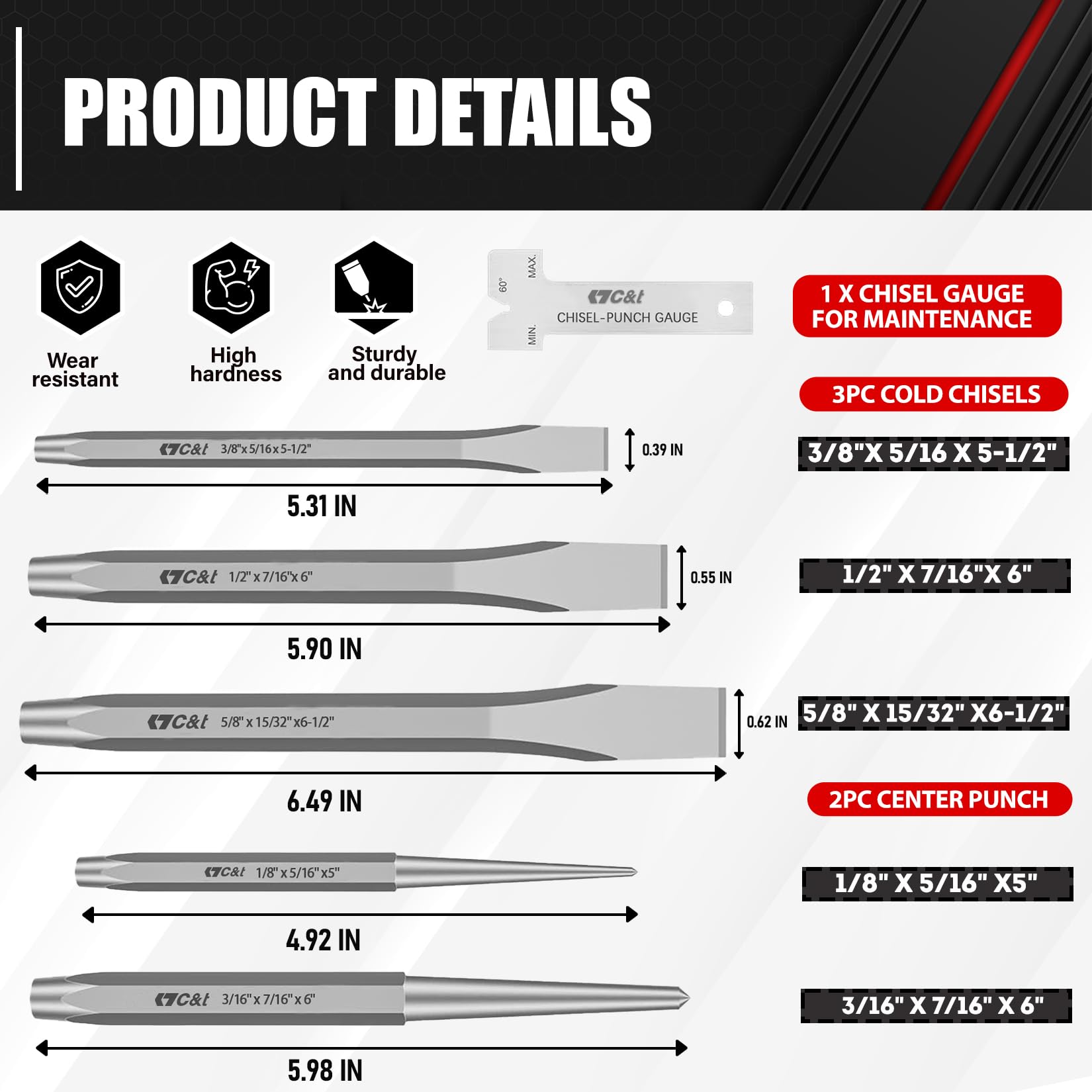 C&T tapered punches and chisels in multiple sizes for versatility.