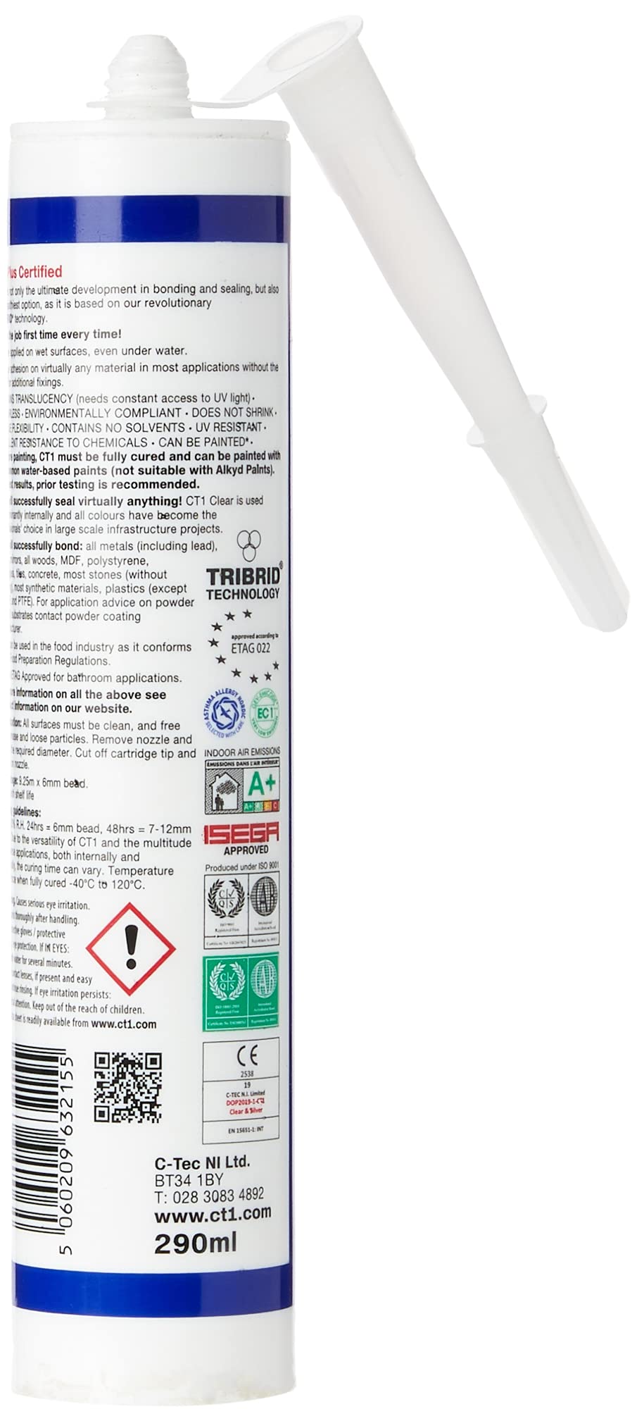 CT1CLEAR label detail showcasing TRIBRID tech for strong, durable bonds.