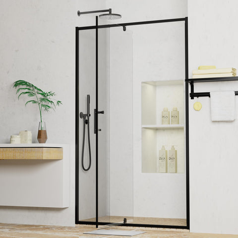 Ctlumh pivot door with matte black frame enhances style and space in small baths.