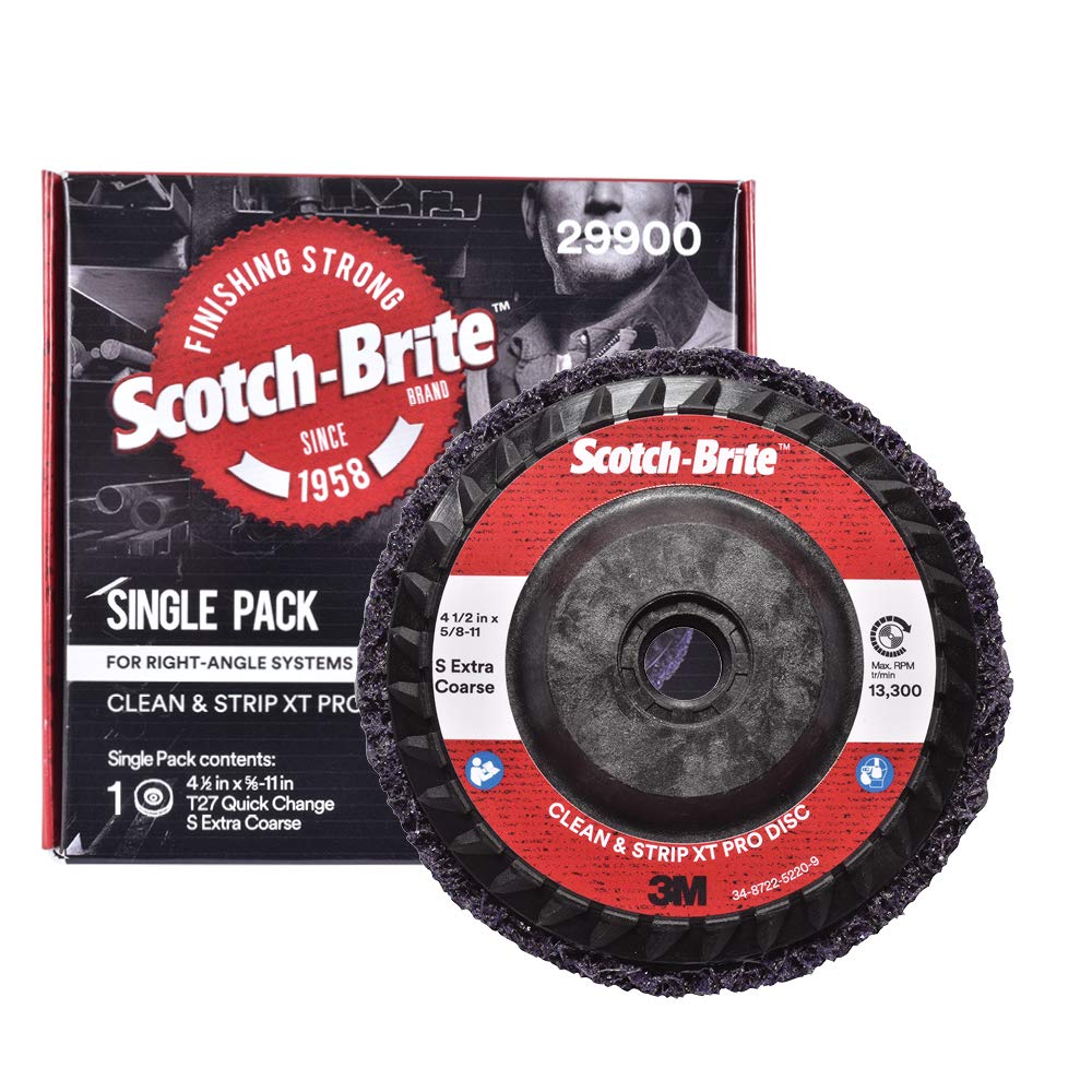 Cubitron Scotch-Brite XT Pro Disc on an angle grinder removing coatings quickly.