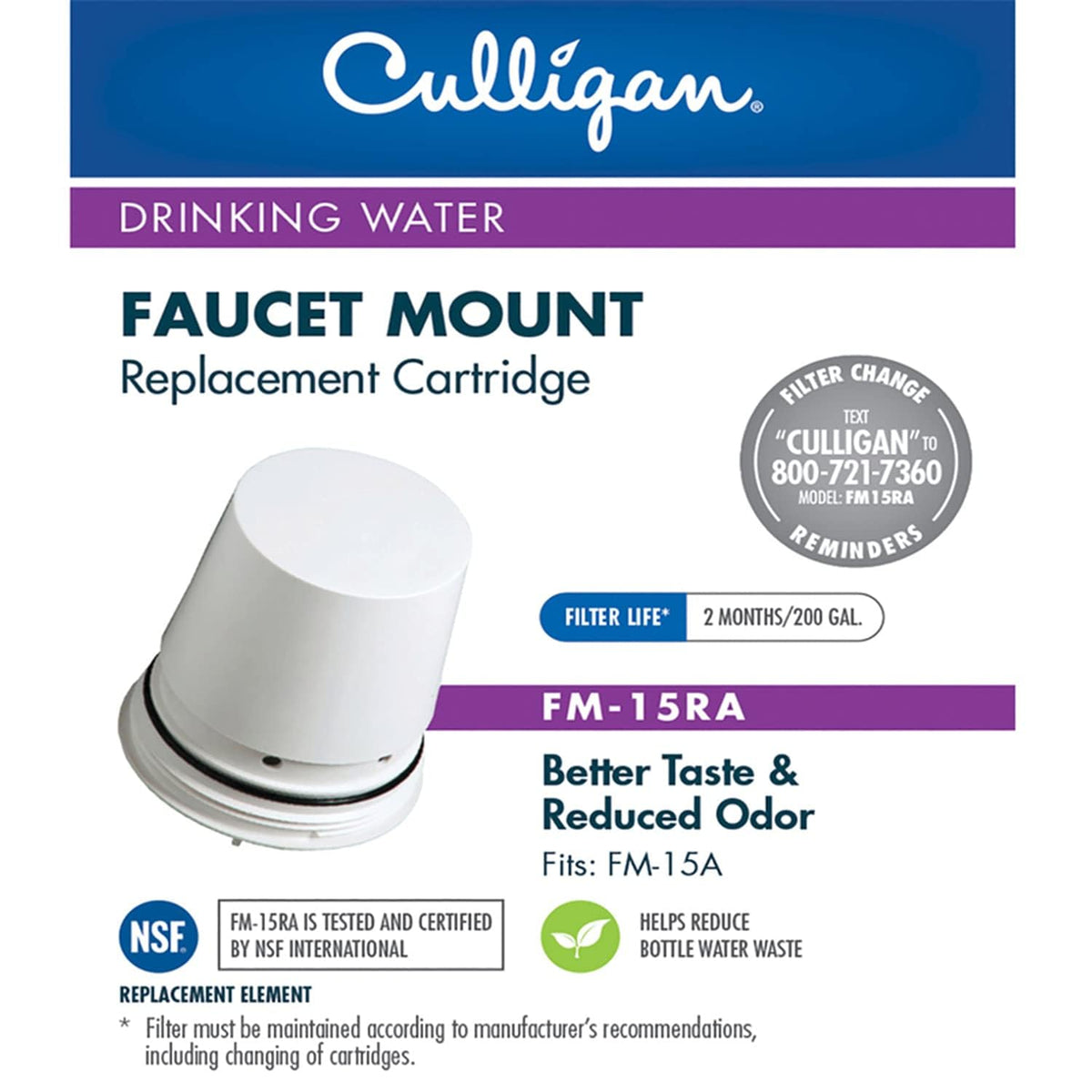 Culligan FM-15RA replacement cartridge for kitchen faucet filter improves taste and odor.