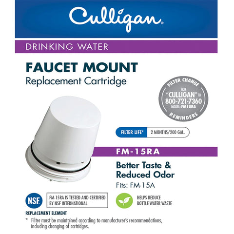 Culligan FM-15RA replacement cartridge for kitchen faucet filter improves taste and odor.