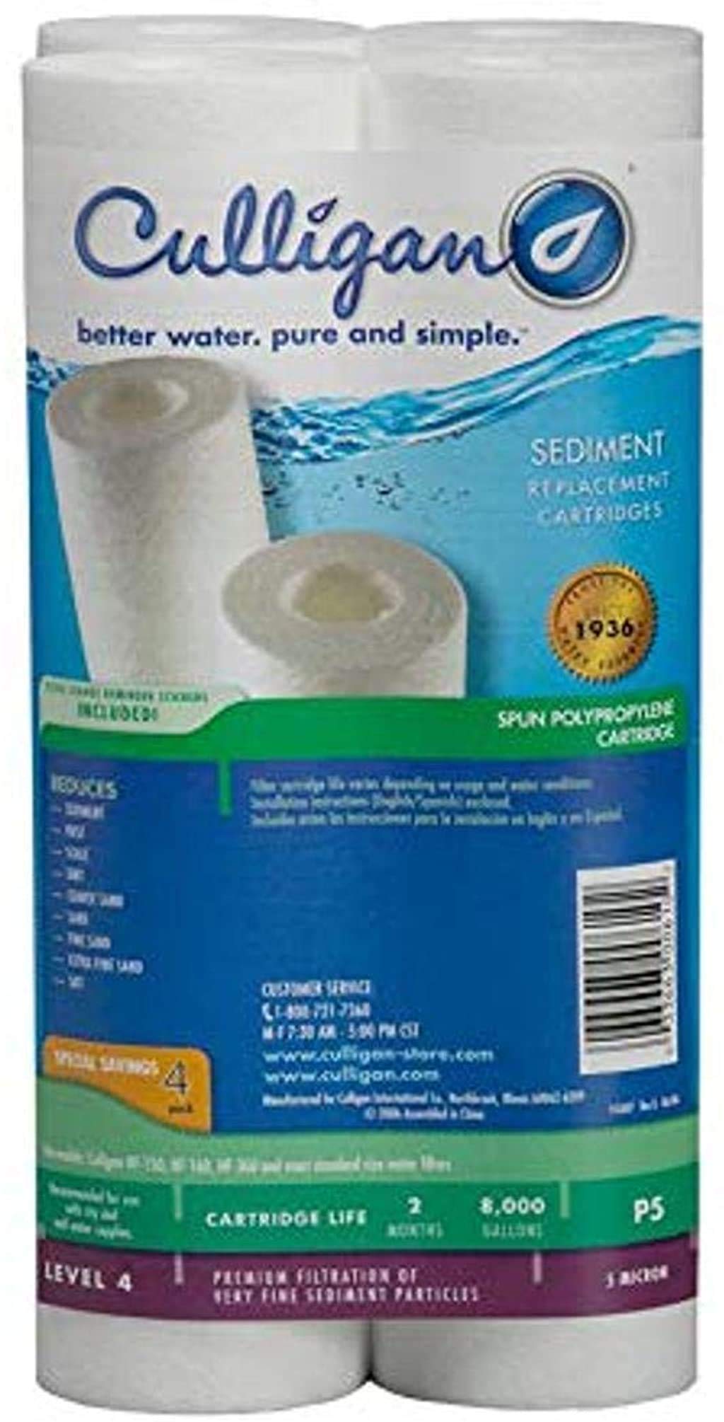 Culligan P5 4-pack packaging showcases durable filter cartridges for whole-house protection.