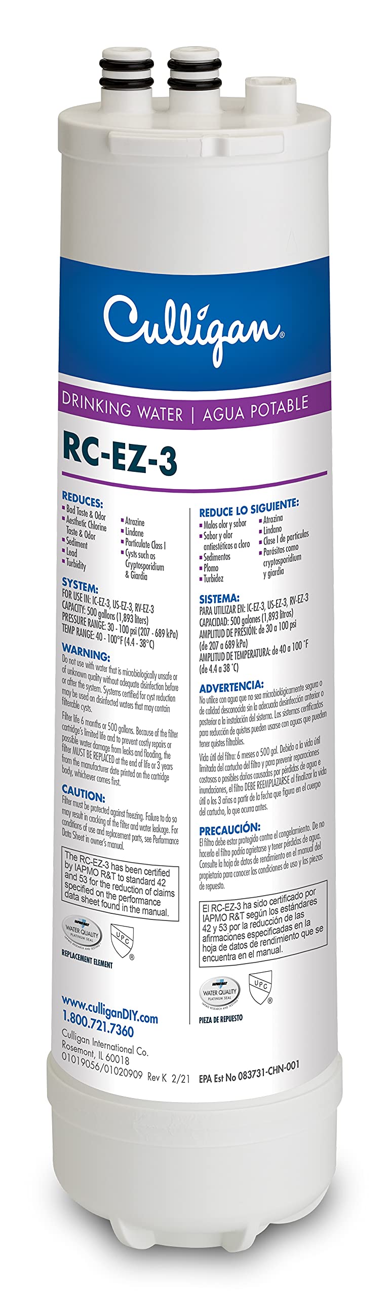 Culligan RC-EZ-3 cartridge with twist-on connection for easy replacement.