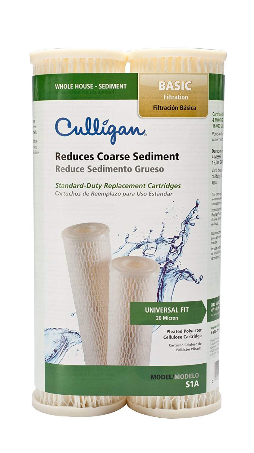 Culligan S1A pleated cartridge closeup, reduces sediment to protect plumbing.