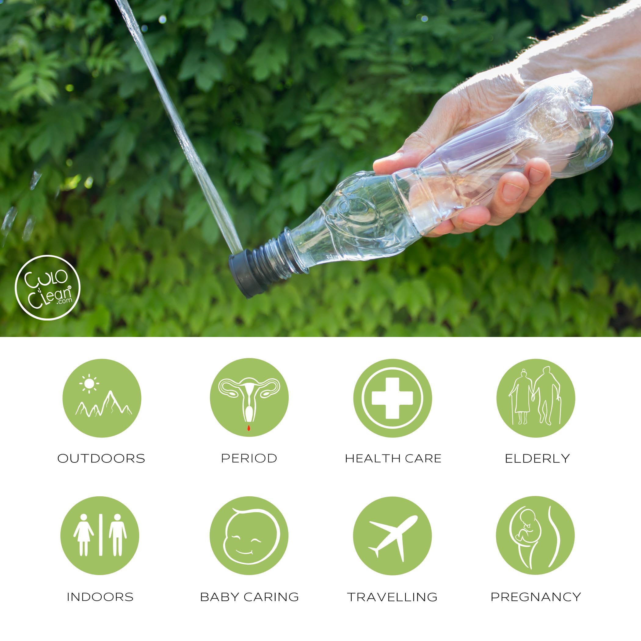 CuloClean easy-use-sprayer attached to a bottle cap for clean rinsing.