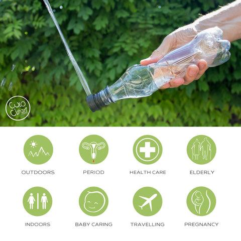 CuloClean easy-use-sprayer attached to a bottle cap for clean rinsing.