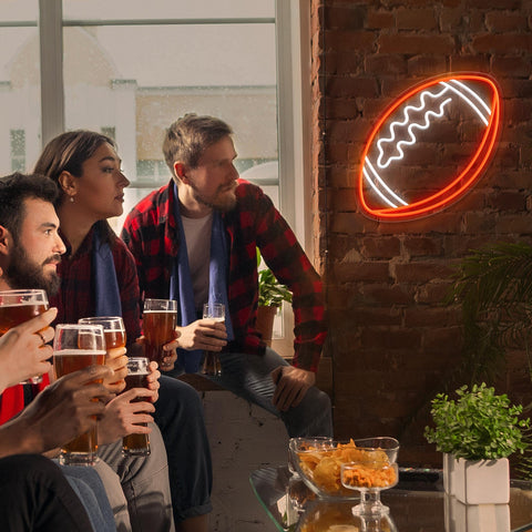 CULOIS football neon sign in man cave creates a focal point.