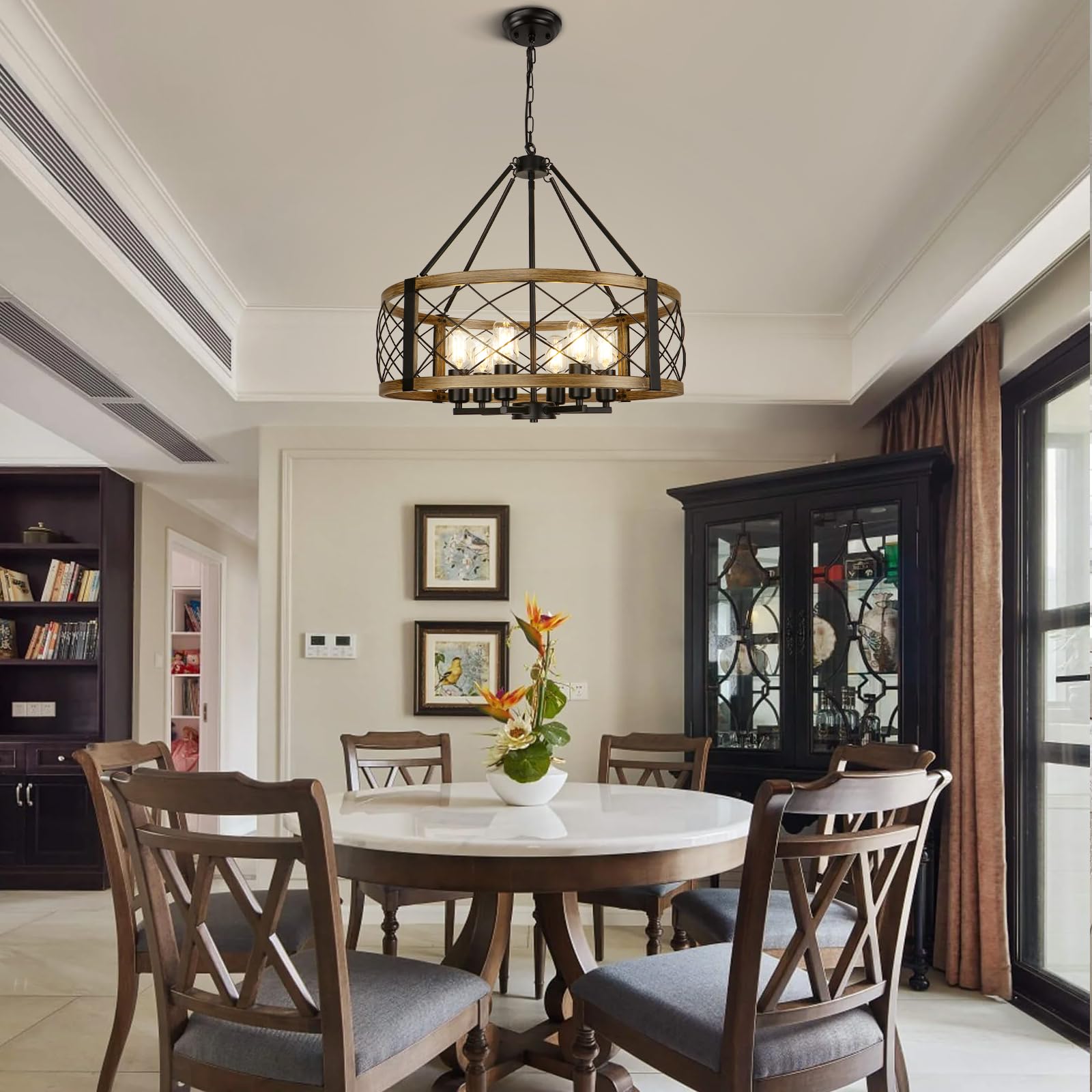 Cunfash rustic drum hanging light adds warm, inviting ambience.