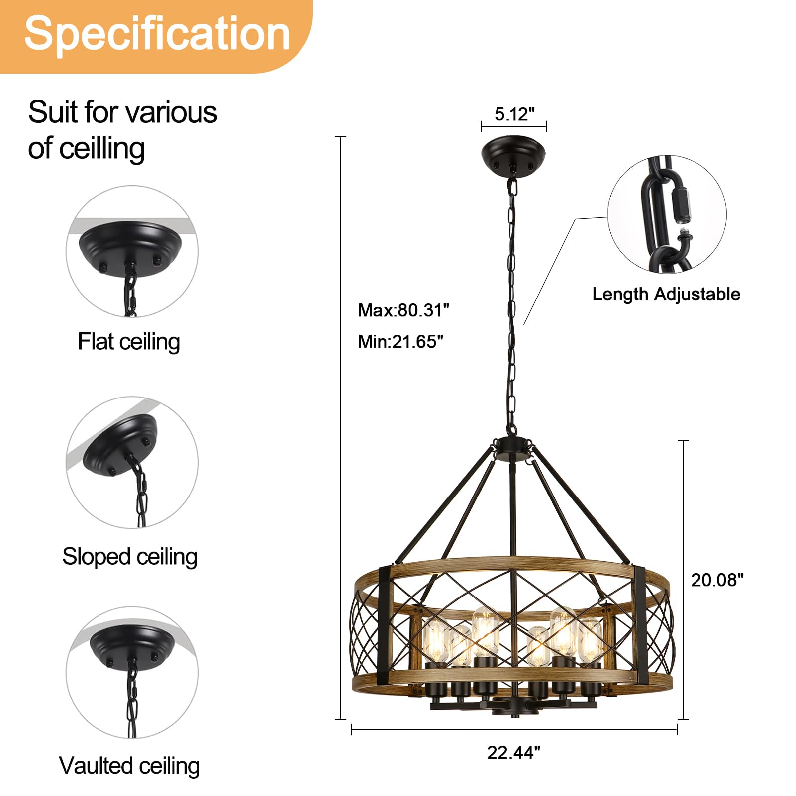 Cunfash wood grain finish drum shade chandelier for industrial chic looks.
