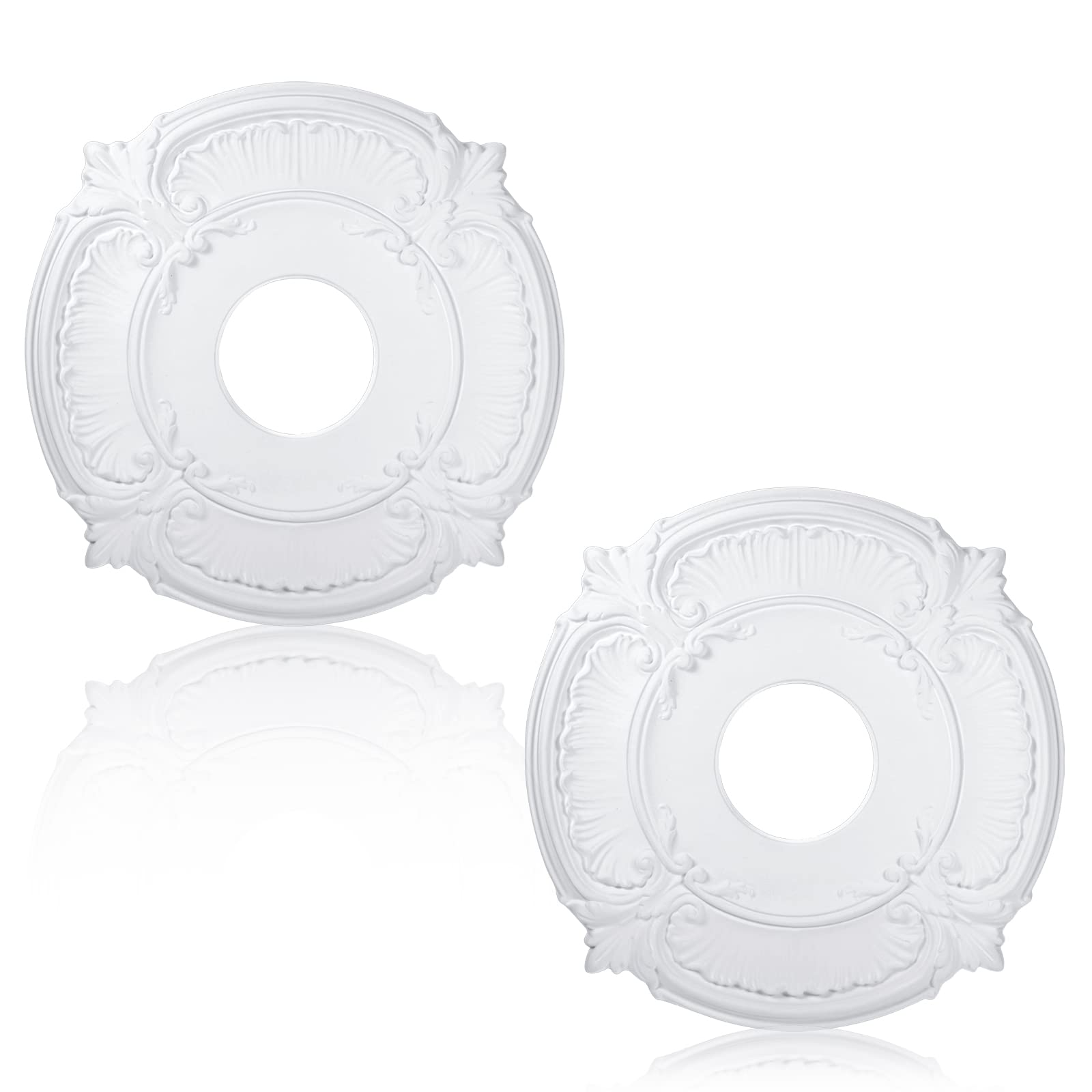 Cunno white two-piece ceiling medallion enhances fan or chandelier backdrop.