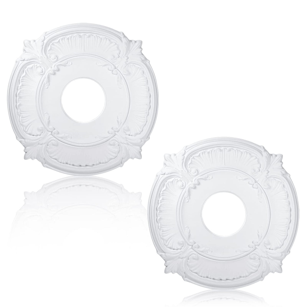 Cunno white two-piece ceiling medallion enhances fan or chandelier backdrop.