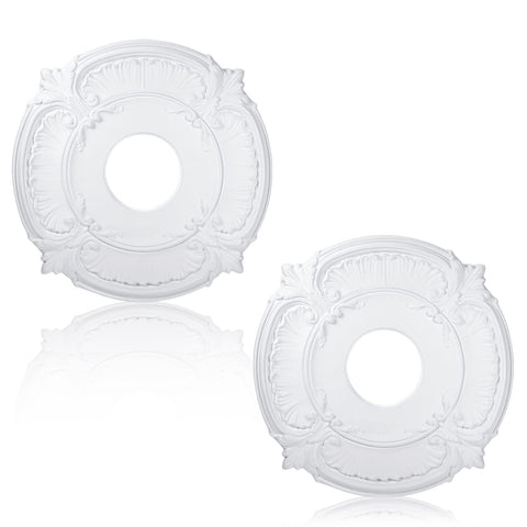 Cunno white two-piece ceiling medallion enhances fan or chandelier backdrop.