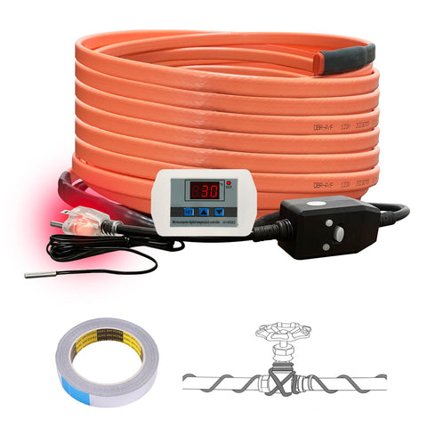 Cupohus heat tape on a water pipe with digital thermostat displaying temperature.