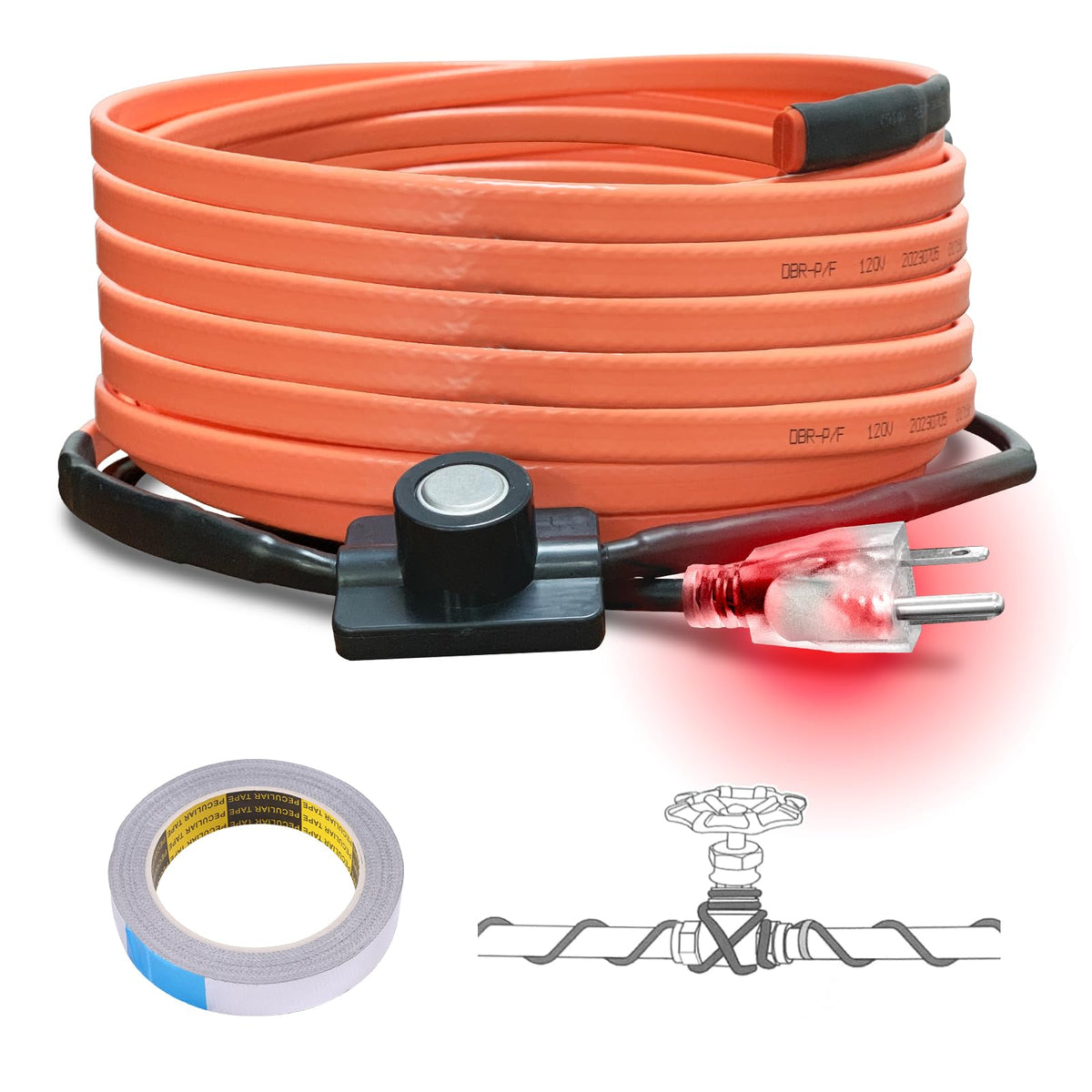 Cupohus heat tape on a water pipe with thermostat maintains warm flow in freezing conditions.