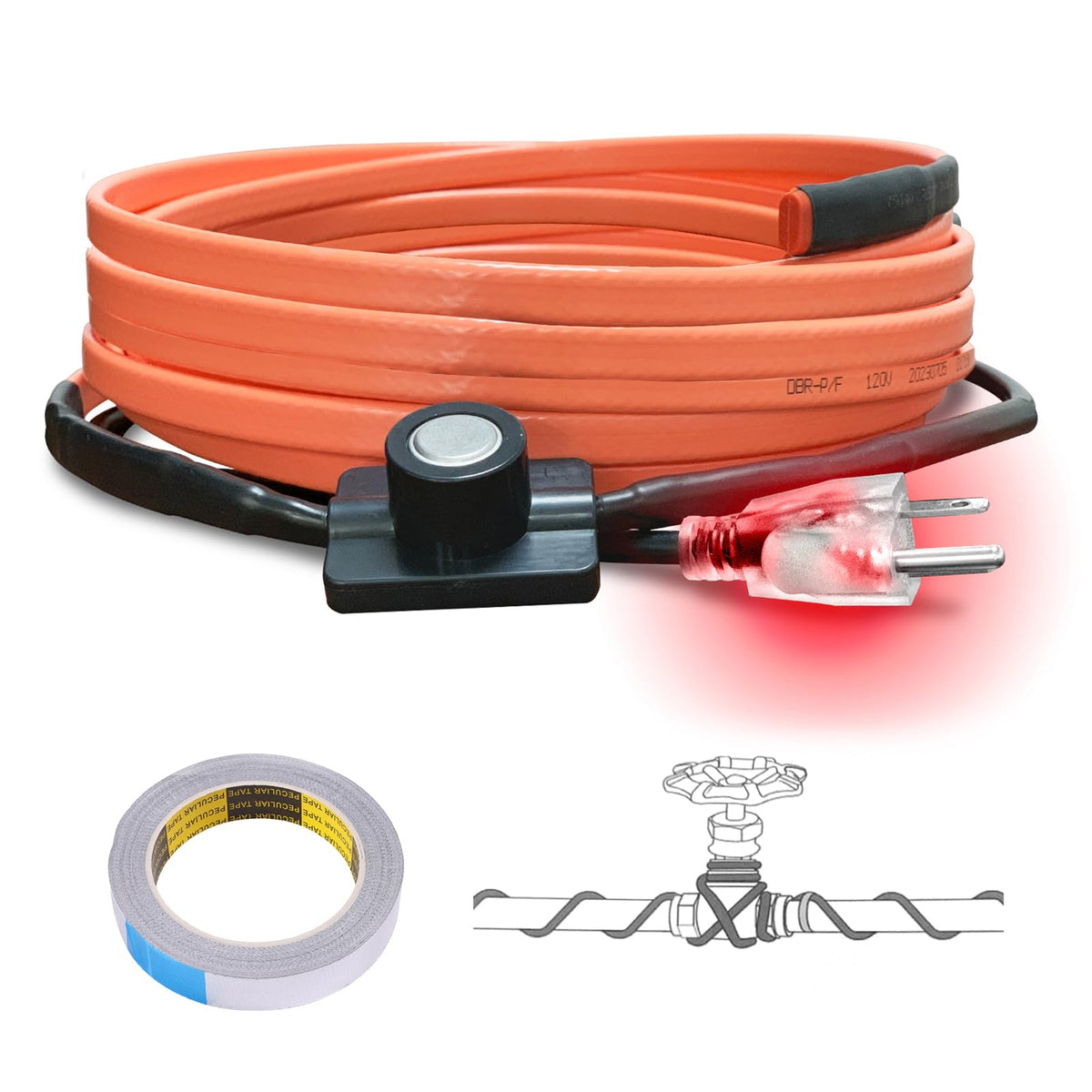 Cupohus heat tape on water pipes with thermostat for cold-weather protection