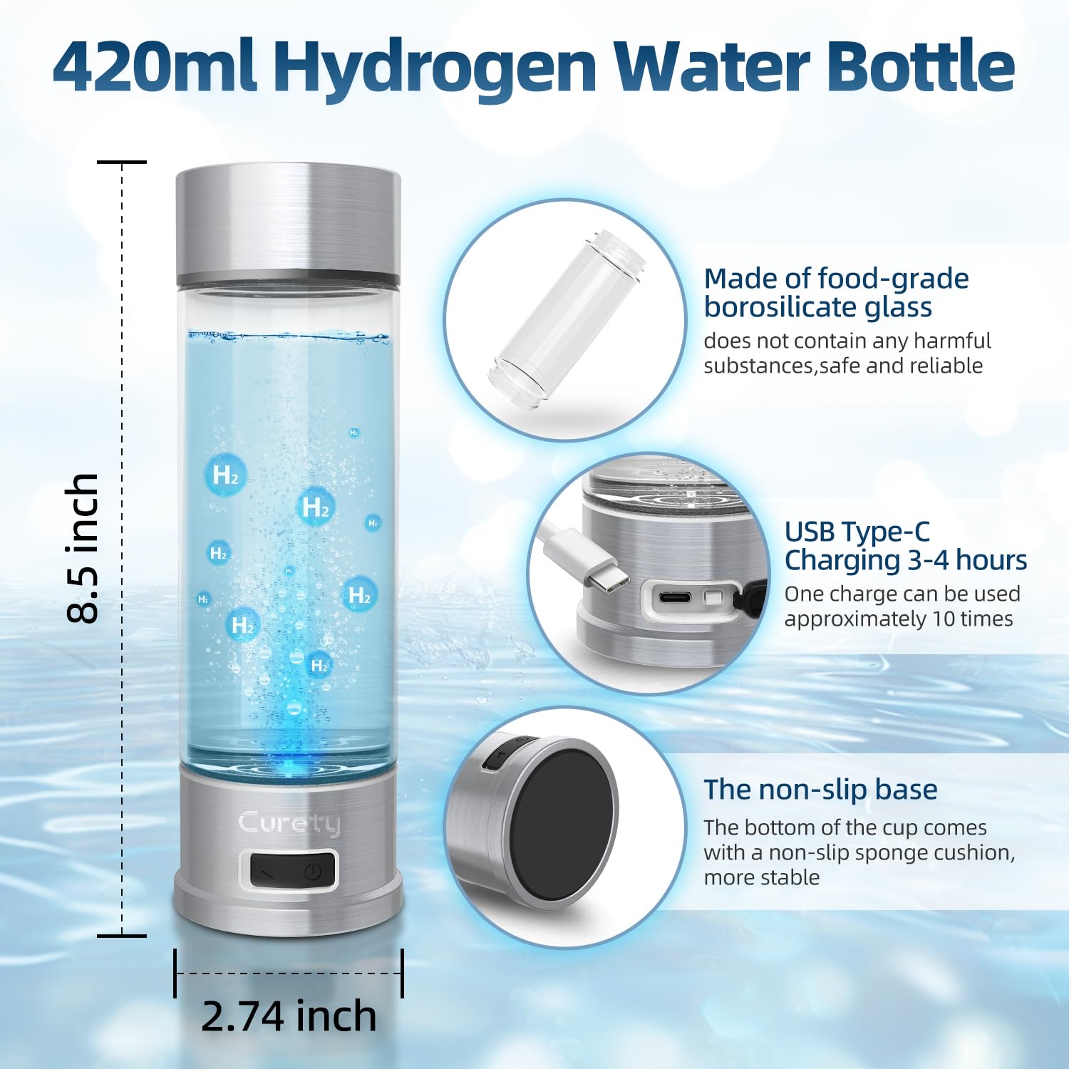 Curety hydrogen water bottle with platinum titanium core for efficient hydrogen production.