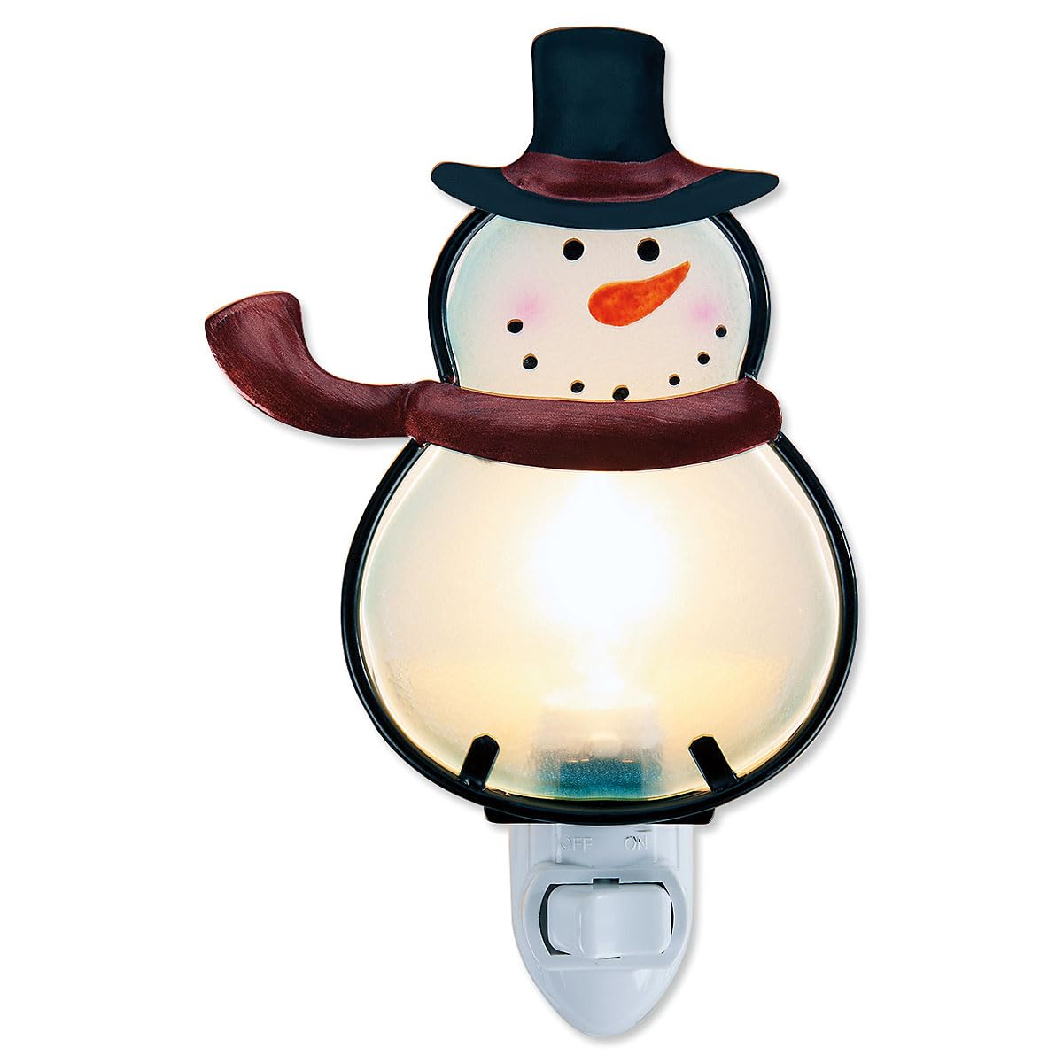 Current Snowman nightlight plugged into wall casting warm stained-glass glow for cozy holidays.